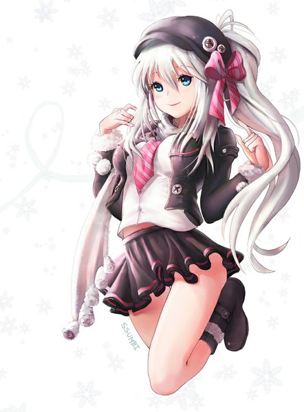 Anime picture 700x949 with original ssumbi single long hair tall image looking at viewer blush fringe blue eyes light erotic simple background smile white background signed bent knee (knees) white hair ponytail open clothes open jacket bare legs