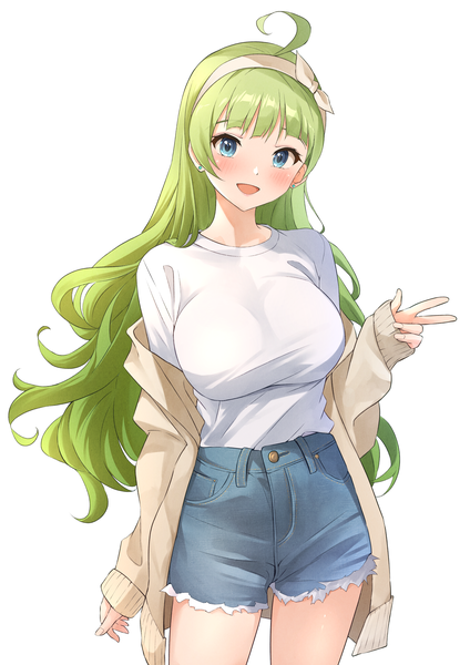 Anime picture 3035x4299 with idolmaster idolmaster million live! shimabara elena b1ack illust single long hair tall image blush highres breasts open mouth blue eyes simple background large breasts standing white background absurdres ahoge :d green hair