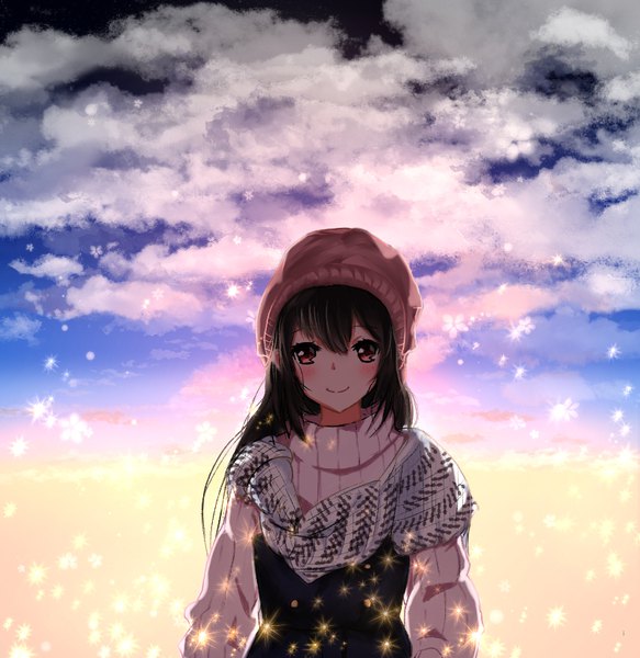 Anime picture 800x823 with original rutoria single long hair tall image looking at viewer blush fringe smile hair between eyes brown hair brown eyes sky cloud (clouds) outdoors sparkle girl scarf sweater snowflake (snowflakes)