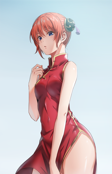 Anime picture 774x1196 with gintama sunrise (studio) kagura (gintama) tight (ohmygod) single tall image looking at viewer blush fringe short hair breasts blue eyes light erotic simple background hair between eyes standing bare shoulders payot upper body traditional clothes