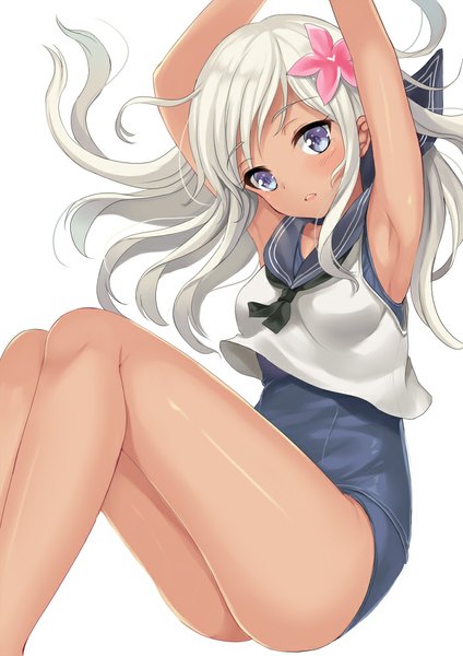 Anime picture 700x990 with kantai collection ro-500 submarine harimoji single long hair tall image looking at viewer blush light erotic simple background white background purple eyes silver hair hair flower arms up armpit (armpits) tan girl flower (flowers) swimsuit