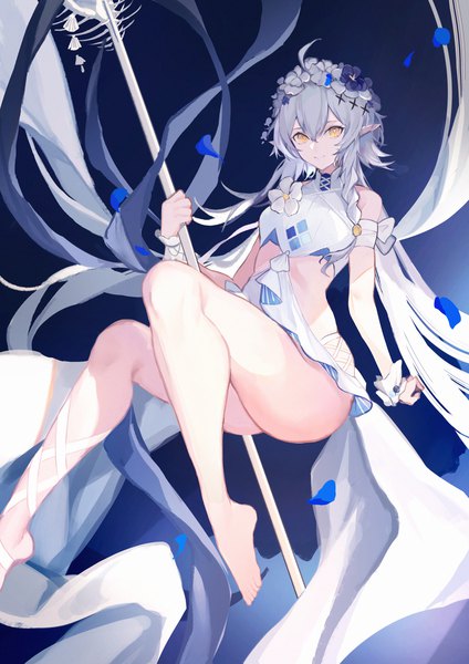 Anime picture 1800x2546 with arknights tomimi (arknights) tomimi (silent night) (arknights) fanshu single tall image fringe highres light erotic smile hair between eyes yellow eyes silver hair ahoge braid (braids) very long hair barefoot pointy ears bare legs official alternate costume