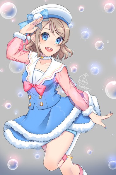 Anime picture 1409x2133 with love live! sunshine!! sunrise (studio) love live! watanabe you nanumn single tall image looking at viewer blush fringe short hair breasts open mouth blue eyes simple background smile standing signed bent knee (knees) nail polish