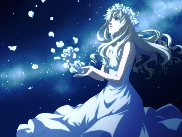 Anime picture 1000x750 with macross macross frontier sheryl nome hidaka nami single long hair blue eyes blonde hair bare shoulders night girl dress flower (flowers) petals