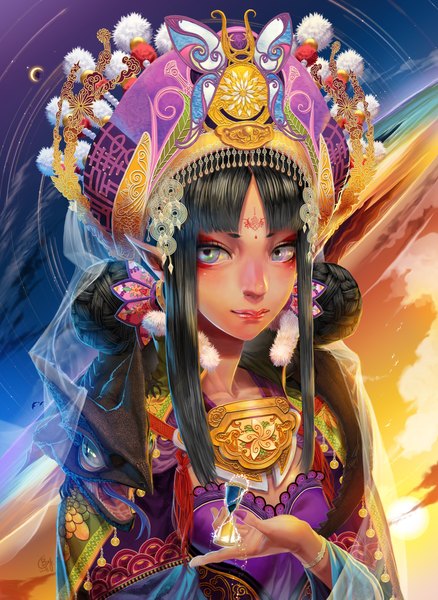 Anime picture 1500x2053 with original b.c.n.y. (bcnyart) long hair tall image looking at viewer blue eyes black hair smile sky cloud (clouds) nail polish traditional clothes profile lipstick makeup girl animal bracelet headdress tongue