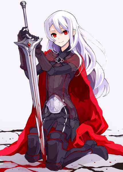 Anime picture 1290x1800 with original pixiv fantasia pixiv fantasia revenge of the darkness 10ri single long hair tall image looking at viewer fringe simple background smile hair between eyes red eyes holding payot silver hair full body head tilt pointy ears grey background