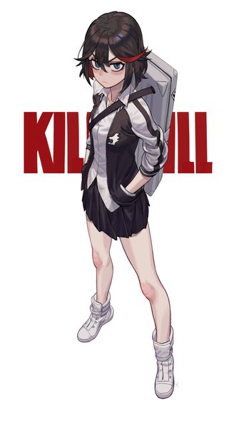 Anime picture 1200x2150 with kill la kill studio trigger matoi ryuuko chunk-san single tall image looking at viewer blush fringe short hair blue eyes black hair simple background hair between eyes standing white background full body multicolored hair open jacket streaked hair