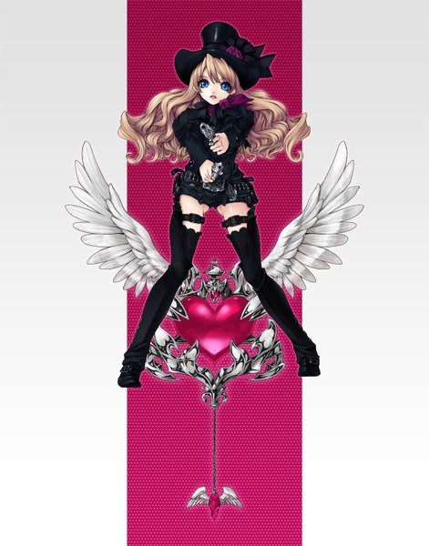 Anime picture 1200x1527 with kunishige keiichi long hair tall image blue eyes blonde hair lolita fashion girl thighhighs weapon hat wings heart gun