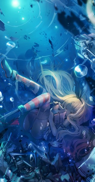 Anime picture 900x1714 with kantai collection shimakaze destroyer rensouhou-chan fuyouchu long hair tall image light erotic blonde hair eyes closed hug tears torn clothes underwater crying broken mechanical parts death diving girl thighhighs