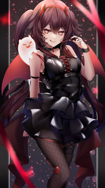 Anime picture 2160x3840 with genshin impact hu tao (genshin impact) boo tao (genshin impact) asahi (vjss4548) single long hair tall image fringe highres hair between eyes red eyes brown hair standing twintails alternate costume sleeveless symbol-shaped pupils valentine ghost fake antlers