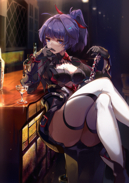 Anime picture 1500x2122 with honkai impact 3rd honkai (series) raiden mei raiden mei (danzai spectramancer) zomzomzomsauce single long hair tall image looking at viewer fringe breasts blue eyes light erotic sitting cleavage purple hair bent knee (knees) ponytail indoors blunt bangs
