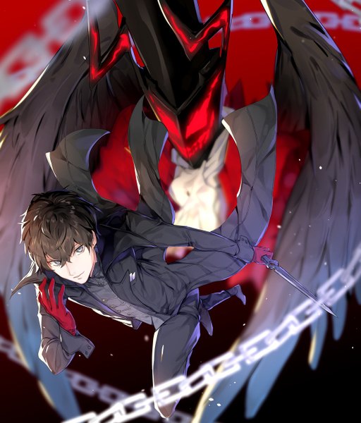 Anime picture 1093x1280 with persona 5 persona amamiya ren arsene (persona 5) suusuke tall image looking at viewer fringe short hair blue eyes black hair hair between eyes bent knee (knees) boy gloves weapon chain cloak red gloves sleeve cuffs