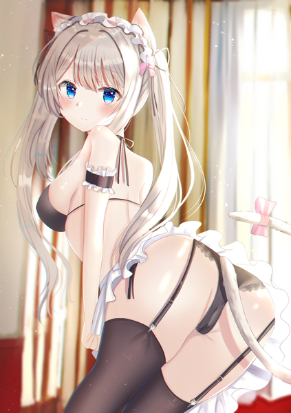 Anime picture 900x1276 with original nibosi single long hair tall image looking at viewer blush fringe breasts blue eyes light erotic standing twintails bare shoulders animal ears payot silver hair ass indoors tail