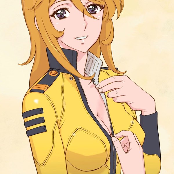 Anime picture 1080x1080 with uchuu senkan yamato yuki mori murakawa michio single long hair looking at viewer blush fringe breasts simple background blonde hair smile hair between eyes purple eyes payot cleavage upper body parted lips yellow background unzipped