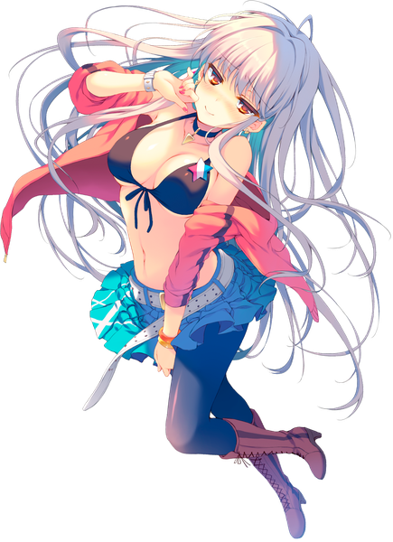 Anime picture 1365x1883 with original reia single long hair tall image looking at viewer fringe breasts light erotic smile silver hair full body nail polish off shoulder shadow orange eyes transparent background lacing girl skirt
