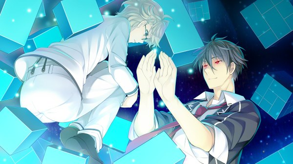 Anime picture 1280x720 with tokeijikake no ley line koga mitsuyoshi karasuma kotarou urabi (tomatohouse) fringe short hair black hair blonde hair smile hair between eyes red eyes wide image game cg bent knee (knees) from below open collar twisty sleeves boy uniform school uniform