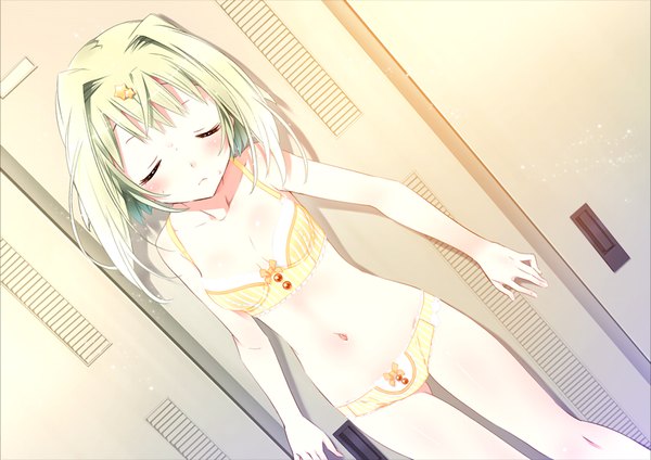Anime picture 1024x725 with friends (game) single blush short hair light erotic game cg eyes closed green hair underwear only girl navel hair ornament underwear panties lingerie bra striped panties striped bra yellow panties yellow bra