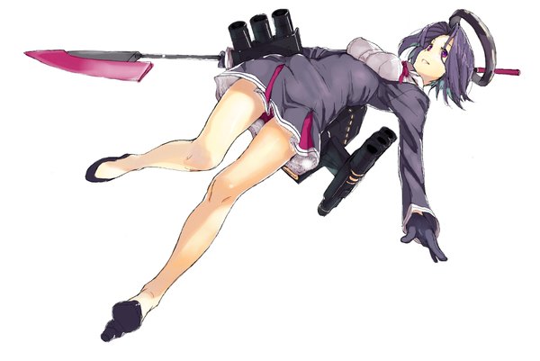 Anime picture 1593x1065 with kantai collection tatsuta light cruiser kirisato itsuki single short hair breasts simple background smile white background purple eyes holding purple hair bent knee (knees) bare legs legs girl dress gloves weapon mechanical halo