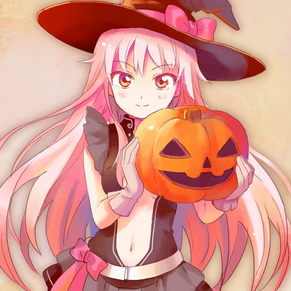 Anime picture 900x900 with original shati single long hair looking at viewer blush simple background smile holding pink hair upper body pink eyes halloween center opening girl gloves hat witch hat jack-o'-lantern