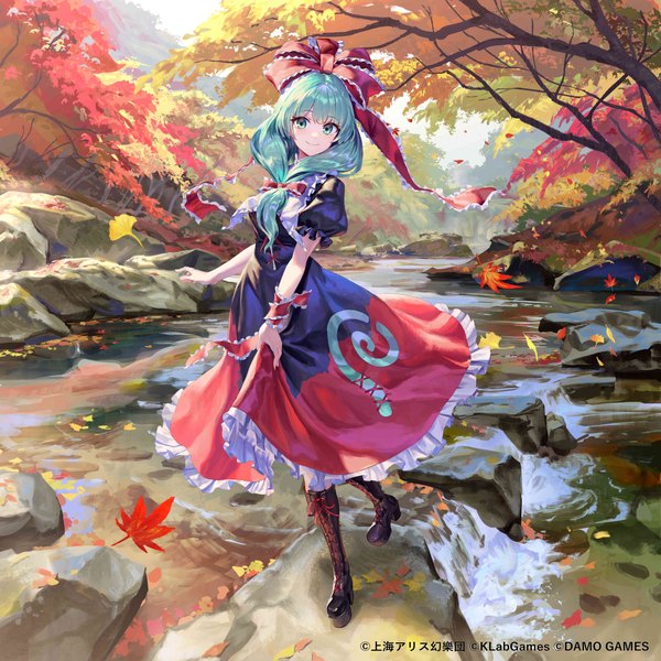 Anime picture 5000x5000 with touhou touhou arcadia record kagiyama hina gesoking06 single long hair looking at viewer highres smile absurdres full body outdoors aqua eyes aqua hair official art puffy sleeves river autumn nature girl