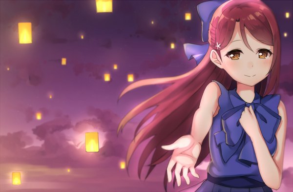 Anime picture 900x590 with love live! sunshine!! sunrise (studio) love live! sakurauchi riko reina (rs2 2525) single long hair looking at viewer blush fringe hair between eyes brown eyes sky cloud (clouds) red hair light smile hand on chest evening sunset outstretched hand