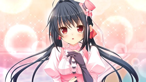 Anime picture 1280x720 with quintuple splash minori tomoe single long hair looking at viewer blush open mouth black hair wide image twintails game cg girl dress gloves hat black gloves mini hat mini top hat