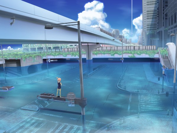 Anime picture 1200x900 with original nukunuku (hinataboltuko) short hair cloud (clouds) barefoot city landscape scenic ruins crosswalk swimsuit water one-piece swimsuit school swimsuit