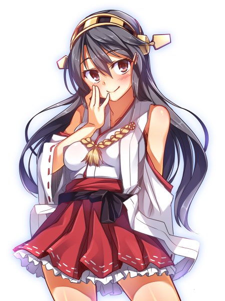 Anime picture 900x1200 with kantai collection haruna battleship racer (magnet) single long hair tall image looking at viewer blush black hair simple background smile white background brown eyes traditional clothes girl hair ornament detached sleeves