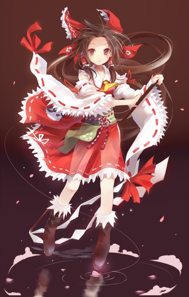 Anime picture 700x1100 with touhou hakurei reimu efe single long hair tall image looking at viewer blush simple background red eyes brown hair traditional clothes reflection miko brown background girl bow hair bow detached sleeves petals