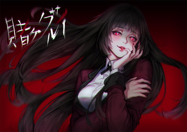 Anime picture 1132x800 with kakegurui jabami yumeko 'o'ne (ekdlem1) single long hair blush fringe black hair simple background payot parted lips pink eyes copyright name lipstick floating hair red background pink lipstick hand on cheek yandere trance girl