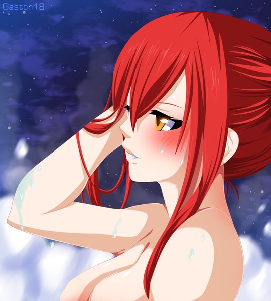 Anime picture 2250x2500 with fairy tail erza scarlet tongasart single long hair tall image blush highres light erotic yellow eyes cloud (clouds) red hair night wet night sky coloring adjusting hair steam girl star (stars)