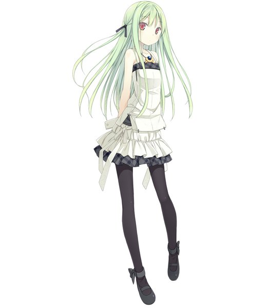 Anime picture 1000x1145 with original miyuki (poko) poco (asahi age) single long hair tall image looking at viewer blush simple background red eyes standing white background twintails green hair hands behind back girl hair ornament pantyhose choker black pantyhose