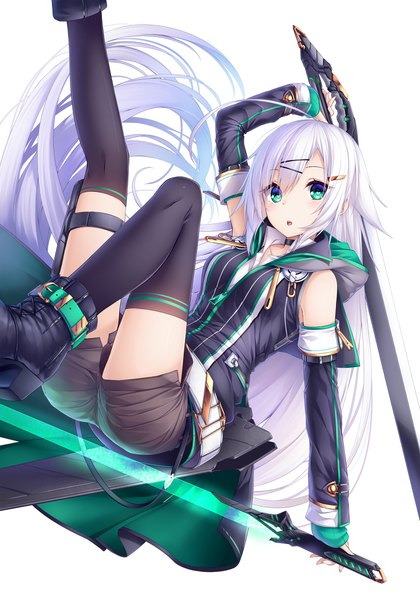 Anime picture 1500x2144 with original chabaneko single tall image looking at viewer open mouth blue eyes white background white hair very long hair legs girl thighhighs weapon black thighhighs detached sleeves sword shorts boots short shorts