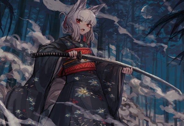 Anime picture 1219x833 with original bee (deadflow) single looking at viewer blush short hair open mouth red eyes holding animal ears silver hair tail long sleeves traditional clothes :d japanese clothes animal tail night wide sleeves from below