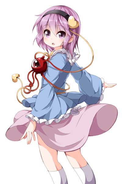 Anime picture 800x1200 with touhou komeiji satori ruu (tksymkw) single tall image looking at viewer blush short hair open mouth simple background white background purple eyes purple hair looking back spread arms girl skirt frills heart headband