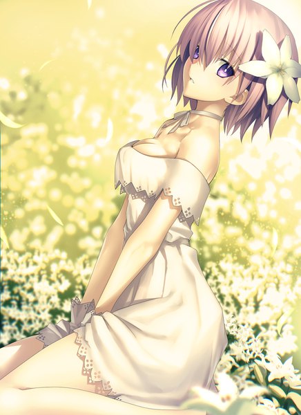 Anime picture 1456x2000 with fate (series) fate/grand order mash kyrielight mash kyrielight (formal dress) kawanakajima single tall image looking at viewer fringe short hair breasts hair between eyes sitting purple eyes bare shoulders pink hair cleavage hair flower turning head official alternate costume