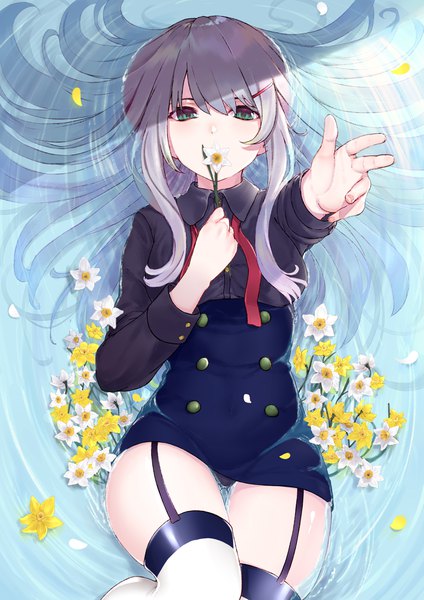 Anime picture 2893x4092 with original takubon single long hair tall image looking at viewer blush fringe highres light erotic hair between eyes green eyes payot lying from above grey hair on back pantyshot partially submerged outstretched arm