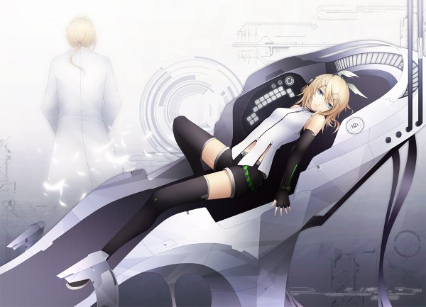 Anime picture 1200x866 with vocaloid kagamine rin kyoeiki short hair blue eyes blonde hair looking away ponytail lying back girl thighhighs boy gloves hair ornament shorts headphones fingerless gloves