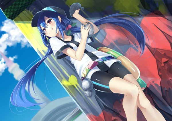 Anime picture 1214x860 with touhou hinanawi tenshi gurasion (gurasion) single long hair blush fringe smile hair between eyes red eyes standing twintails blue hair looking away sky cloud (clouds) bent knee (knees) dutch angle alternate costume low twintails