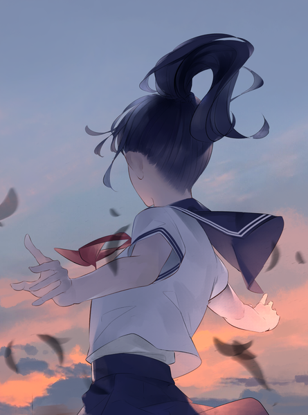 Anime picture 1000x1347 with original sousou (sousouworks) single long hair tall image black hair sky cloud (clouds) upper body ponytail wind from behind evening sunset spread arms girl uniform serafuku