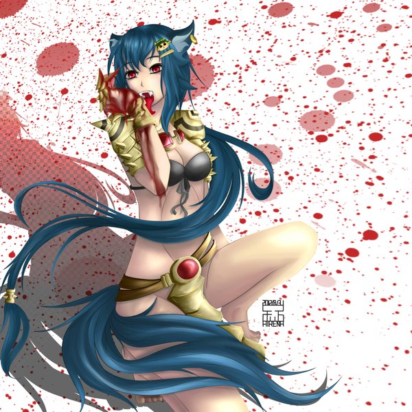 Anime picture 3543x3543 with league of legends teemo (league of legends) warwick (league of legends) single highres light erotic red eyes animal ears blue hair absurdres very long hair animal tail teeth fang (fangs) genderswap girl hair ornament earrings tongue hairclip
