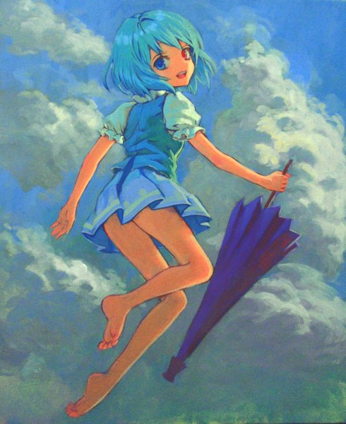 Anime picture 1007x1232 with touhou tatara kogasa ama-tou single tall image short hair open mouth blue hair sky cloud (clouds) looking back barefoot heterochromia flying traditional media closed umbrella girl dress umbrella