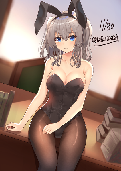 Anime picture 1488x2105 with kantai collection kashima training cruiser shiina aoi single long hair tall image looking at viewer blush fringe breasts blue eyes light erotic smile hair between eyes sitting twintails bare shoulders signed animal ears payot