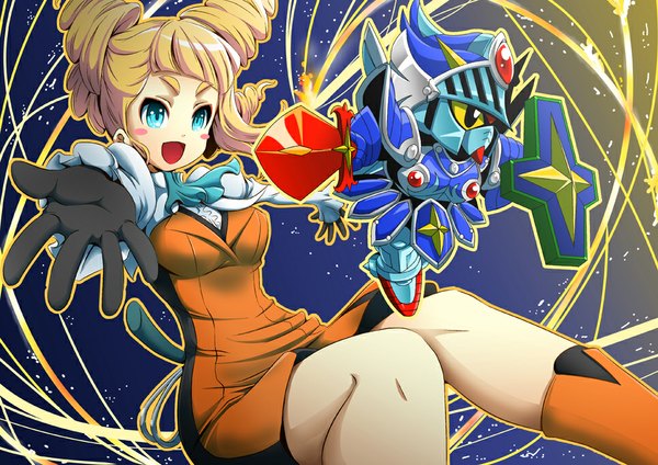 Anime picture 965x682 with mobile suit gundam gundam build fighters sunrise (studio) yajima caroline mana12 single blush short hair open mouth blue eyes blonde hair smile girl gloves robot