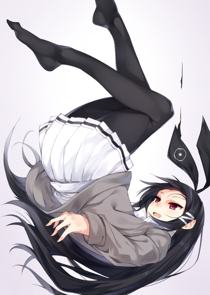 Anime picture 800x1122 with original otokuyou single long hair tall image blush open mouth black hair simple background smile red eyes bent knee (knees) pleated skirt no shoes gradient background looking up upside down falling girl skirt