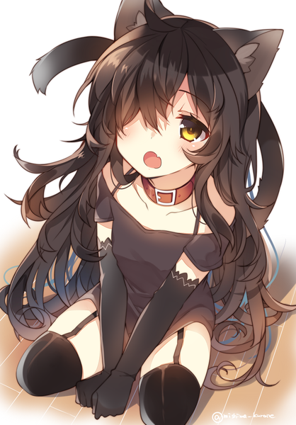 Anime picture 650x933 with original mishima kurone single long hair tall image looking at viewer blush fringe open mouth black hair simple background sitting animal ears yellow eyes tail animal tail cat ears hair over one eye cat tail looking up