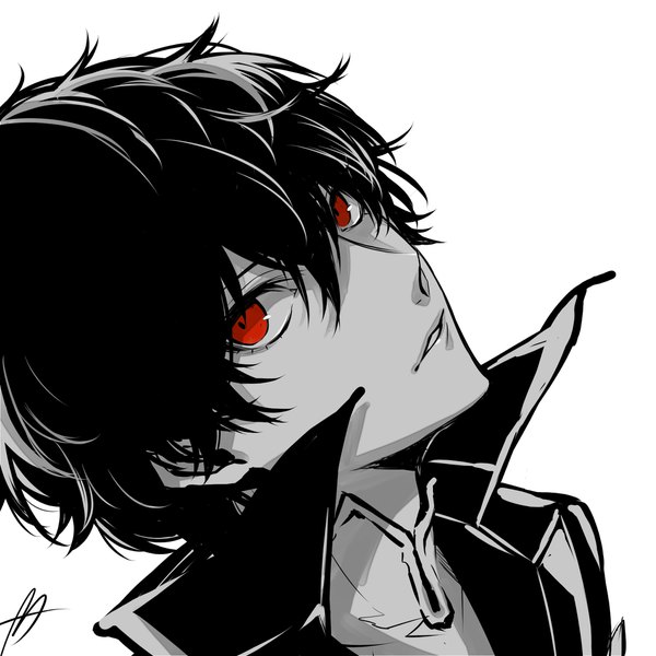 Anime picture 2000x2000 with persona 5 persona amamiya ren yuu (isis7796) single looking at viewer fringe highres short hair simple background hair between eyes red eyes white background signed head tilt monochrome face spot color boy