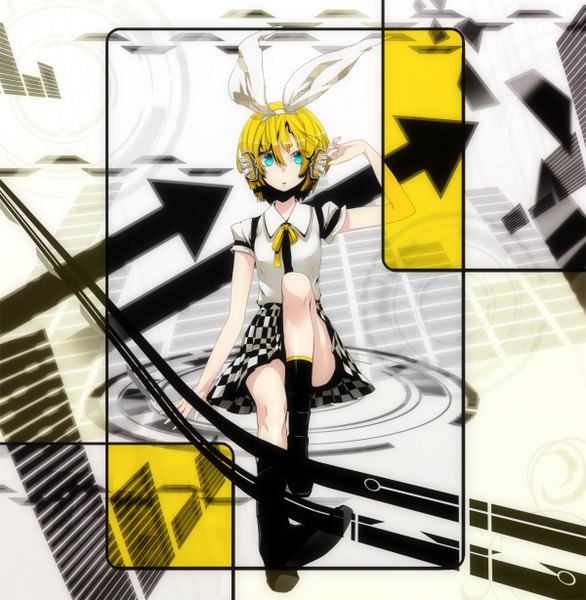 Anime picture 1200x1228 with vocaloid kagamine rin plastick single tall image short hair blue eyes blonde hair sitting girl skirt necktie boots headphones