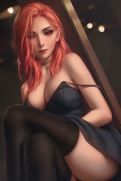 Anime picture 1280x1920 with tokyo ghoul studio pierrot itori (tokyo ghoul) miura-n315 single long hair tall image looking at viewer fringe breasts light erotic red eyes large breasts sitting looking away cleavage lips hair over one eye orange hair dutch angle