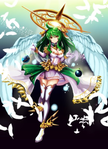 Anime picture 2977x4092 with original rin falcon single long hair tall image fringe highres breasts smile large breasts yellow eyes green hair sunlight spread arms angel wings white wings girl gloves wings elbow gloves